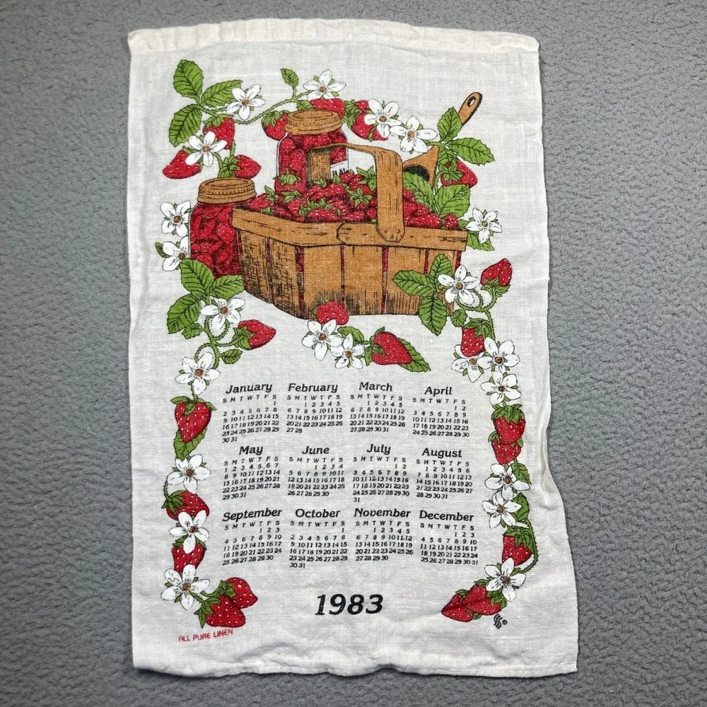 Vintage 1983 Calendar Tea Towel Unisex OS Cream Strawberry Linen Kitchen Decor